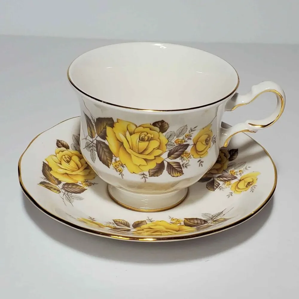 Queen Anne Teacup and Saucer Yellow Roses Vintage